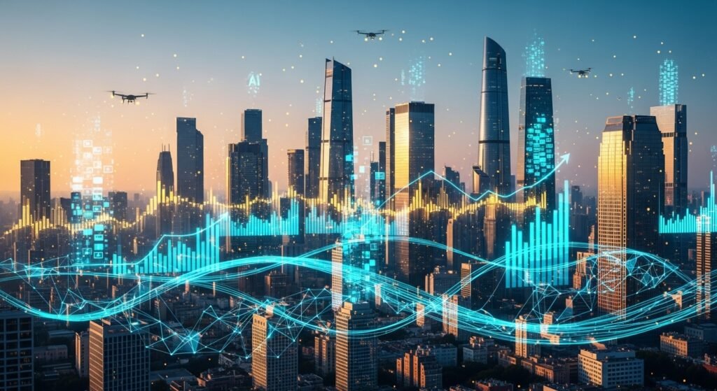 인공지능과 블록체인 보안이 결합된 미래 기술 산업의 성장 시각화