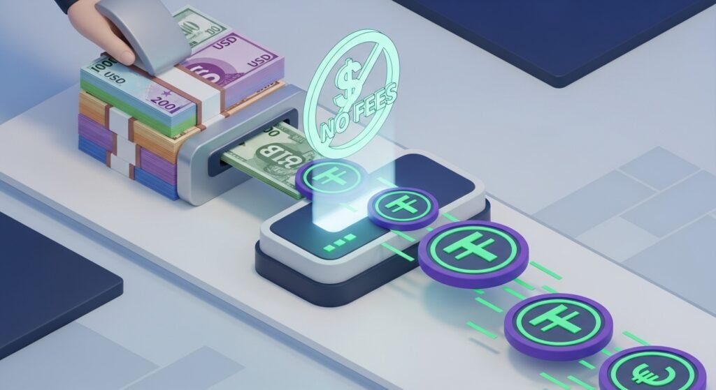 테더 무료 환전을 통한 수수료 절감 및 자산 이동 모식도