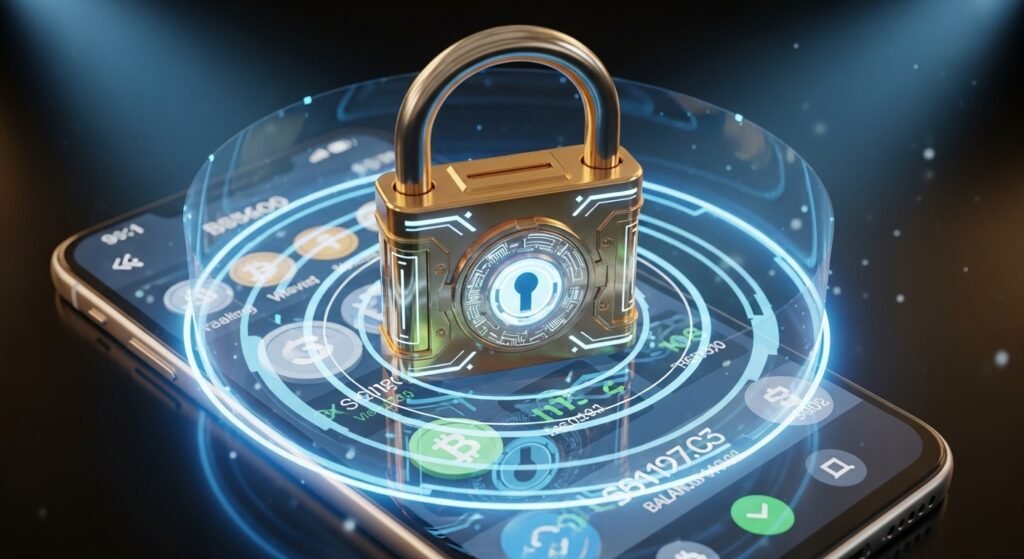 스마트폰 내 자산과 데이터를 해킹으로부터 안전하게 보호하는 황금 자물쇠 보안 심볼