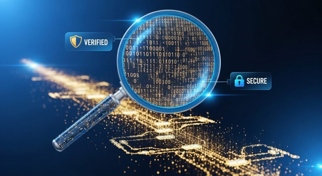 시스템의 투명성을 검증하기 위해 데이터 스트림을 정밀하게 검사하는 디지털 돋보기 이미지